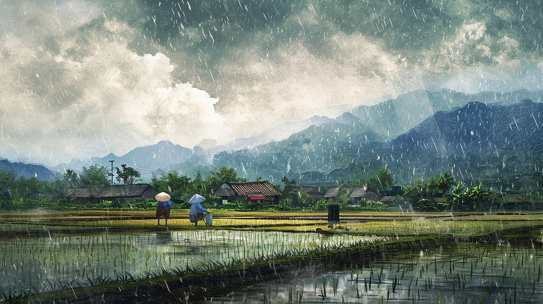 雨中农耕水稻插秧图片