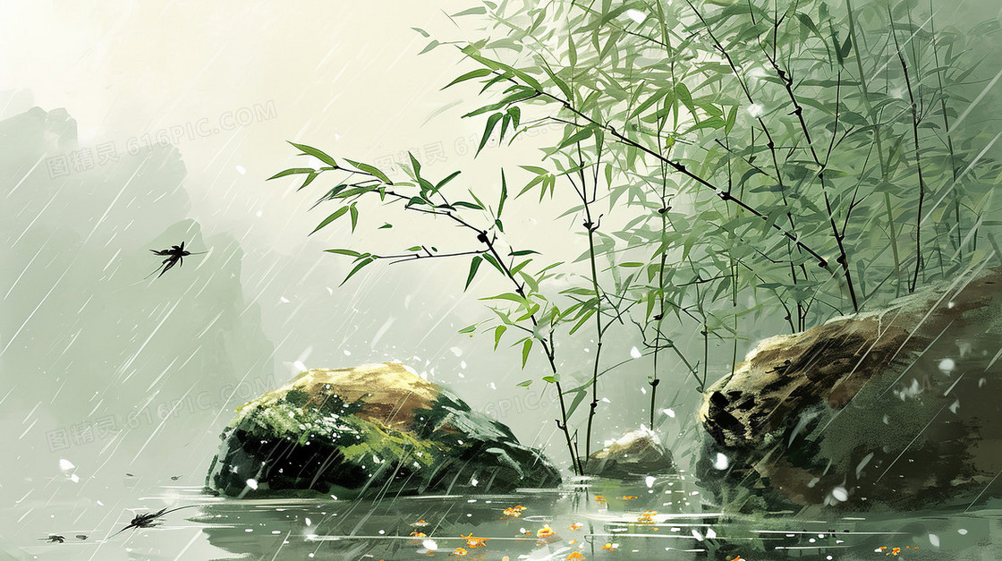 下雨天湖面竹子风景插画