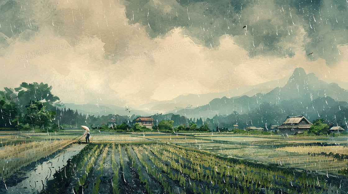雨中农耕水稻插秧图片