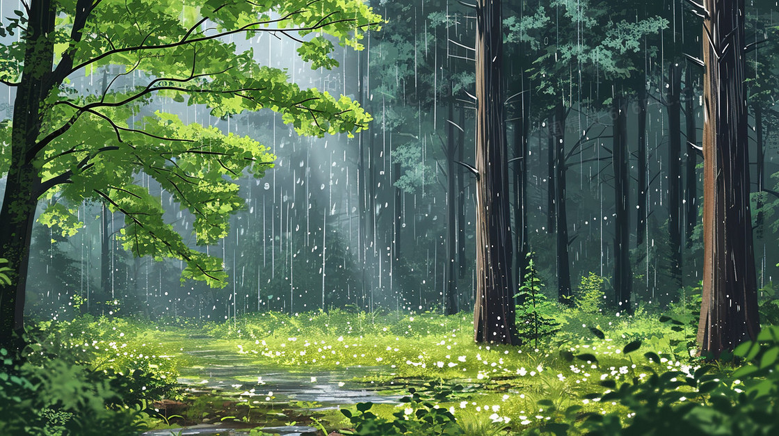 绿色春天雨中的森林插画