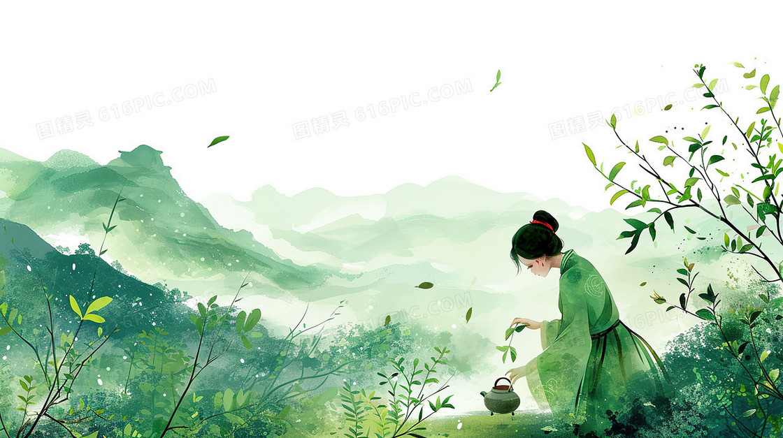 绿色少女山中饮茶插画