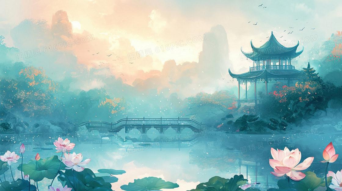 唯美中国风荷花湖心亭插画