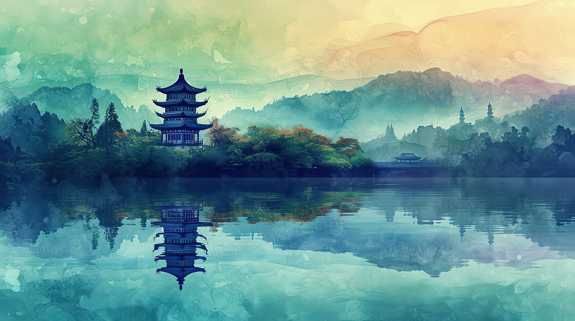 蓝色唯美中国风山水湖面风景插画