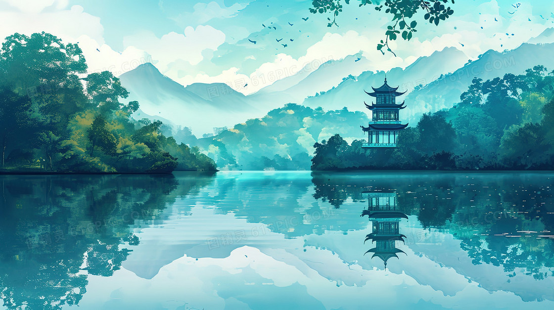 蓝色唯美中国风山水湖面风景插画