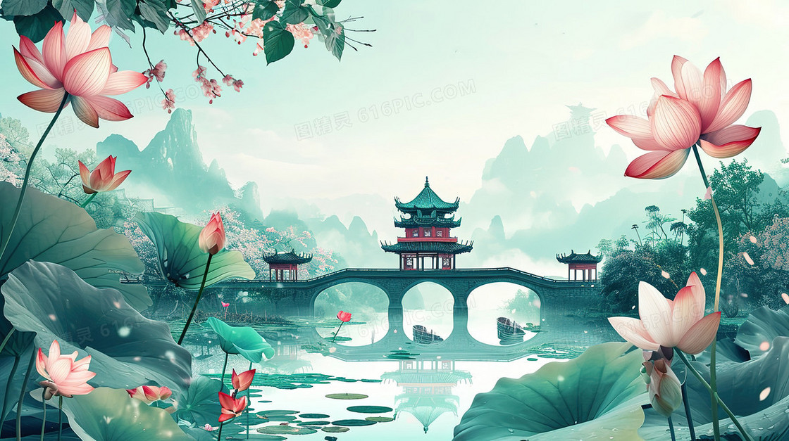 唯美中国风荷花湖心亭插画