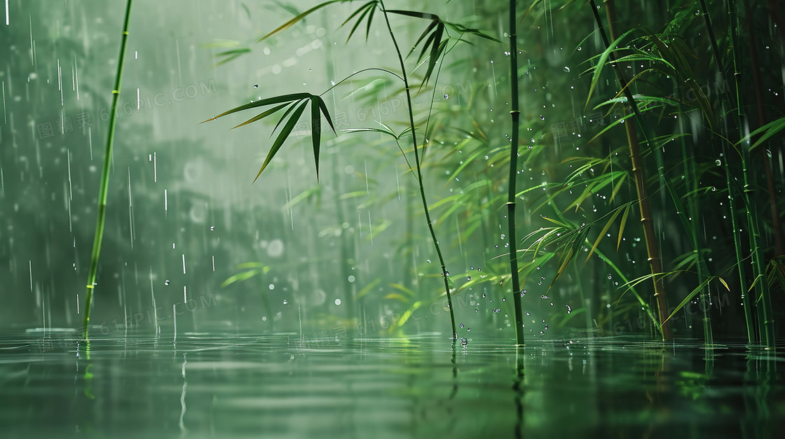 下雨天湖面竹子风景插画