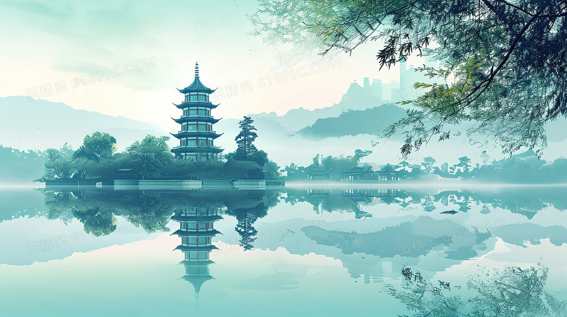 蓝色唯美中国风山水湖面风景插画
