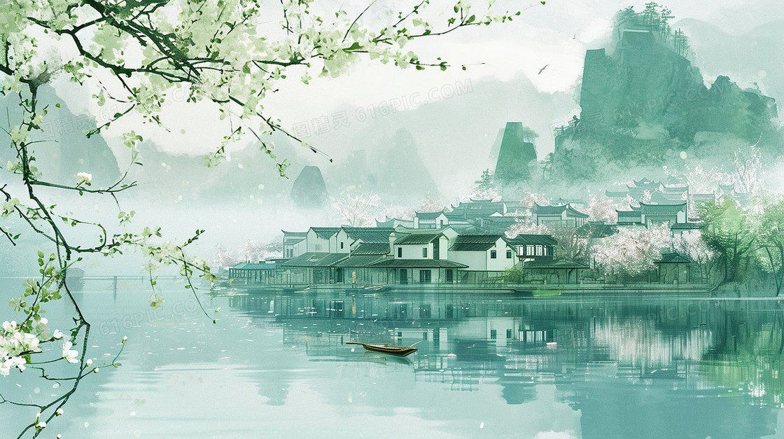 唯美中国风山水湖面风景插画