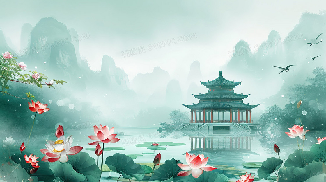 唯美中国风荷花湖心亭插画