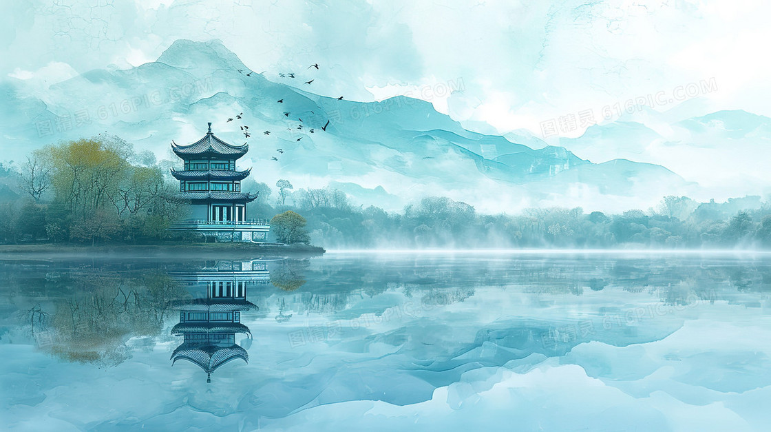 蓝色唯美中国风山水湖面风景插画