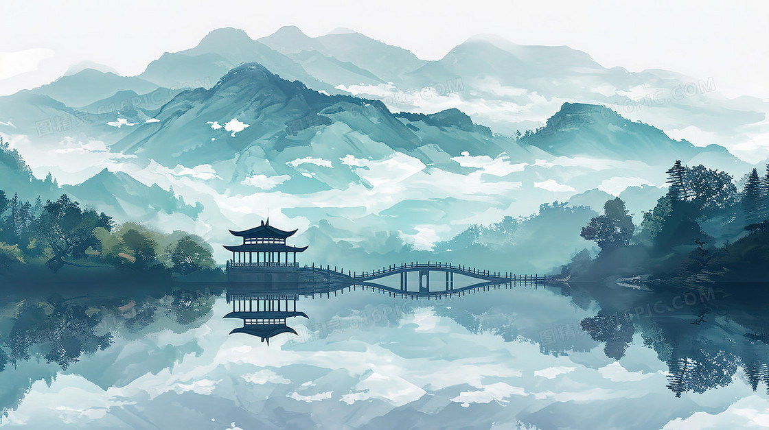 蓝色唯美中国风山水湖面风景插画