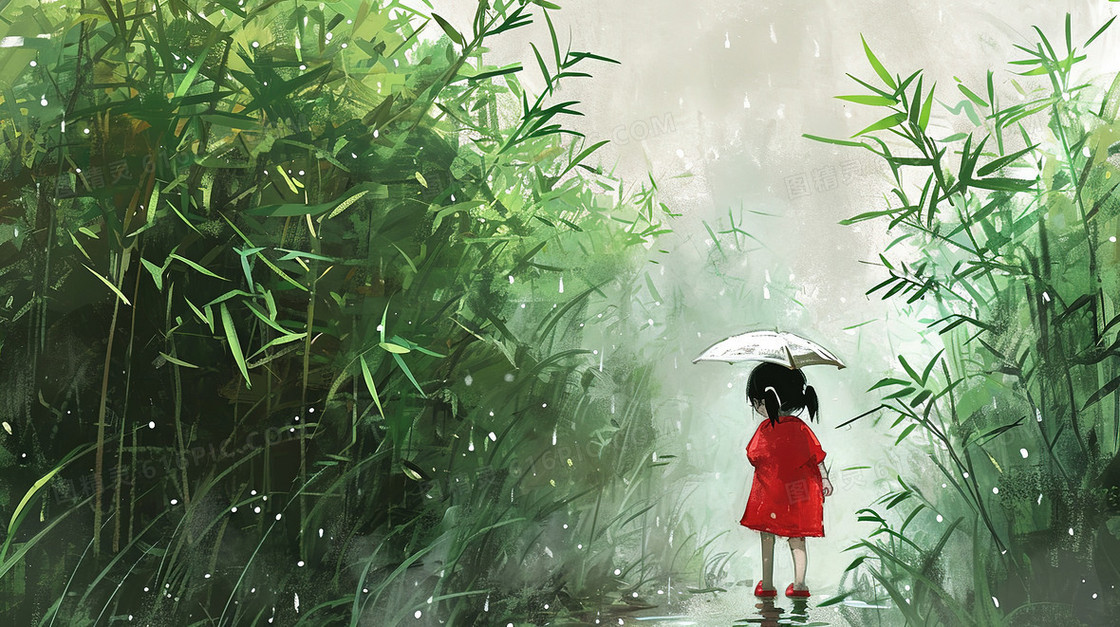 下雨天撑伞小女孩走在竹子道路插画
