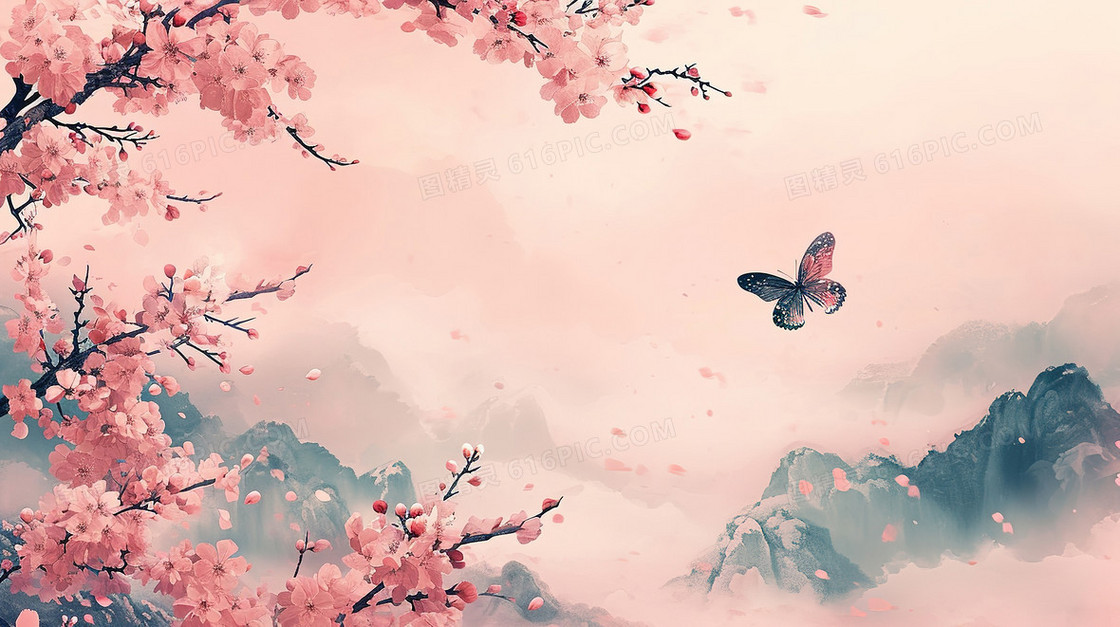 中国风粉色唯美风景插画