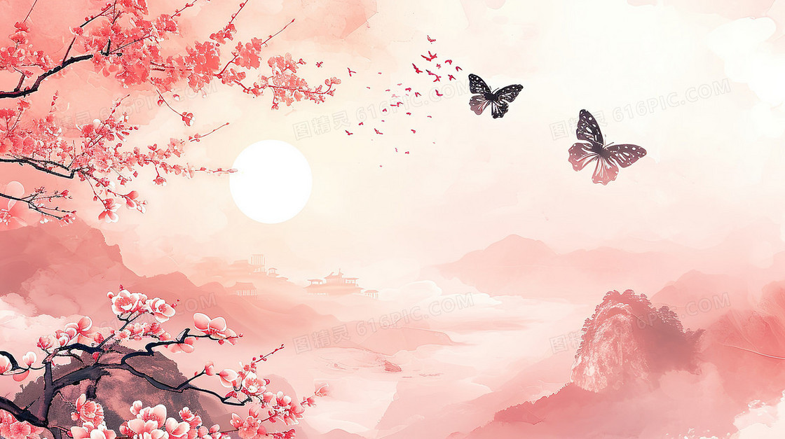 中国风粉色唯美风景插画