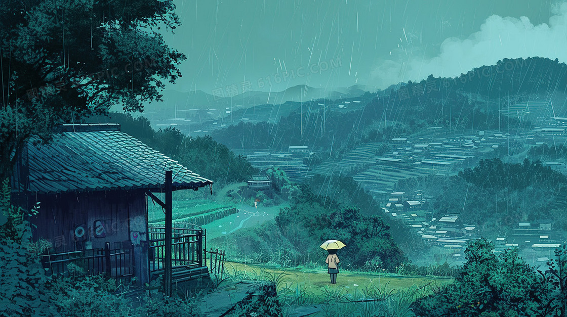 蓝色雨中山坡草地撑伞男孩插画