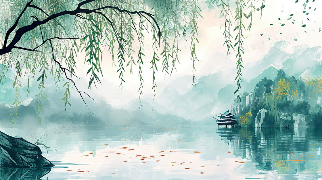 蓝绿色中国风山水湖面风景插画