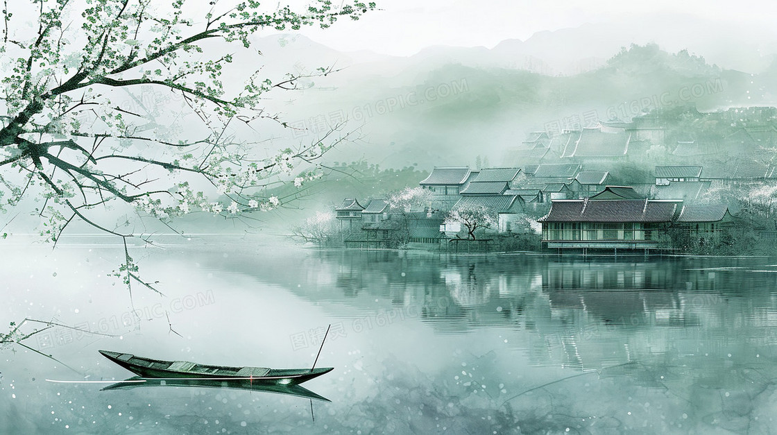 唯美中国风山水湖面风景插画