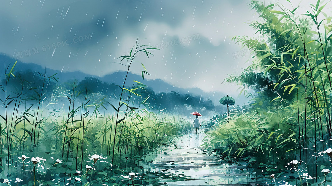 下雨天撑伞小女孩走在竹子道路插画