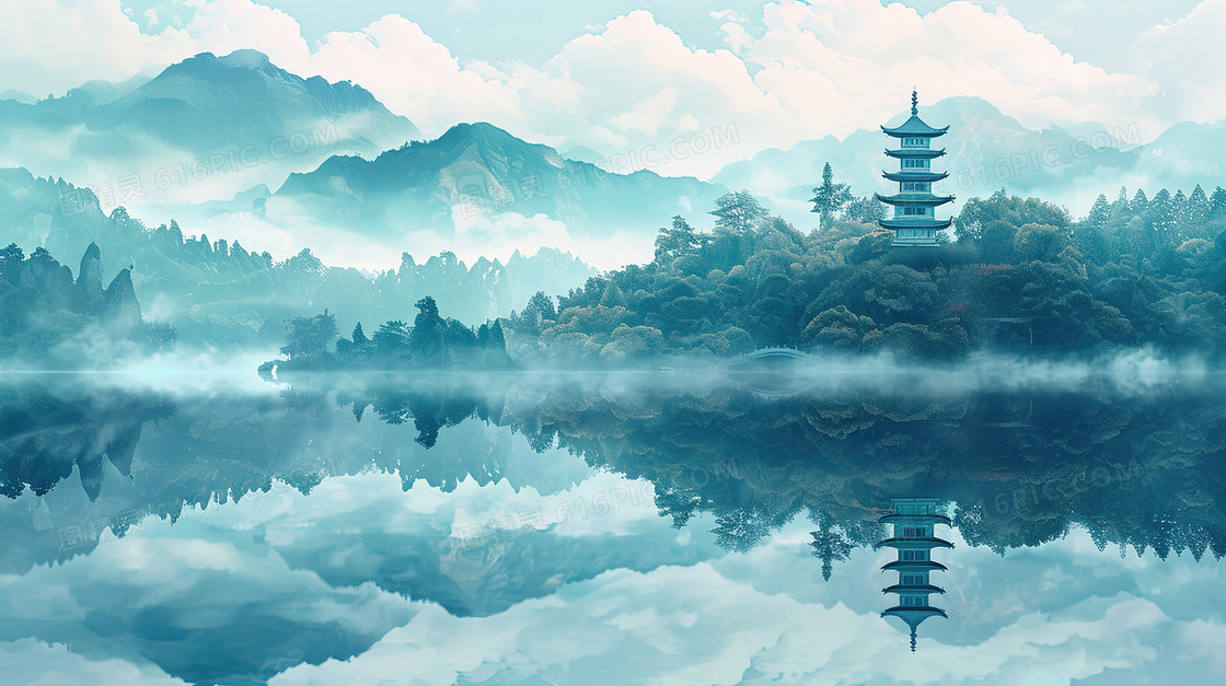 蓝色唯美中国风山水湖面风景插画