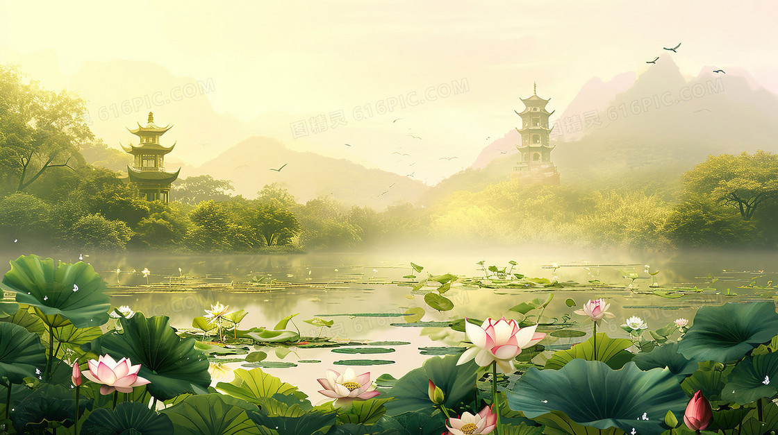 唯美中国风荷花湖心亭插画
