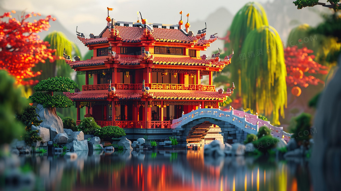 一幢可爱的积木风中国宫殿插画
