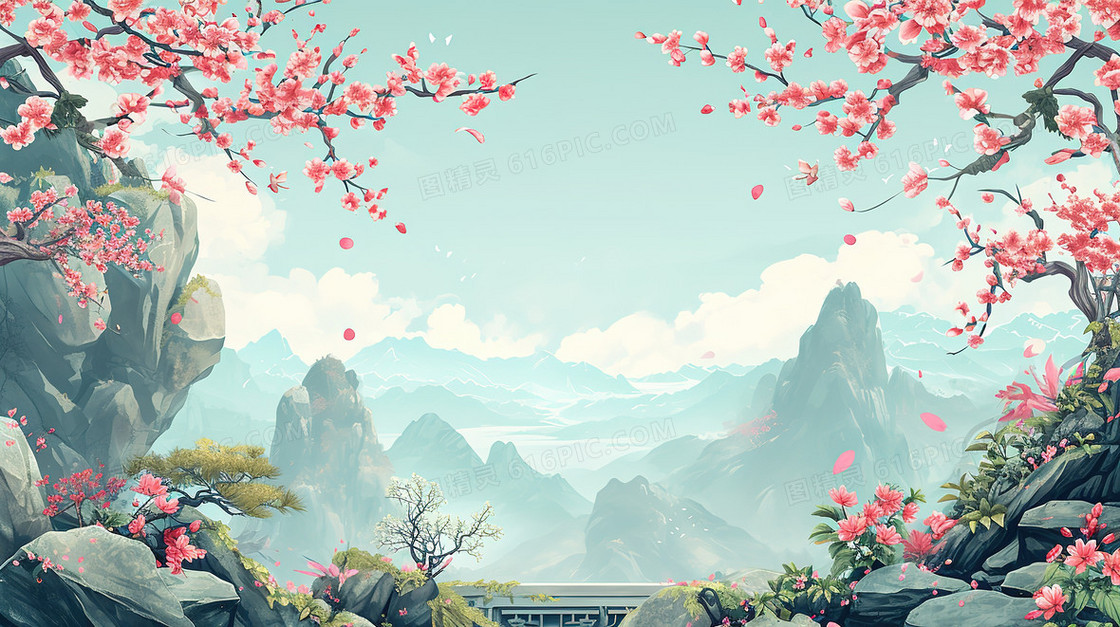 唯美中国风山水画风景插画