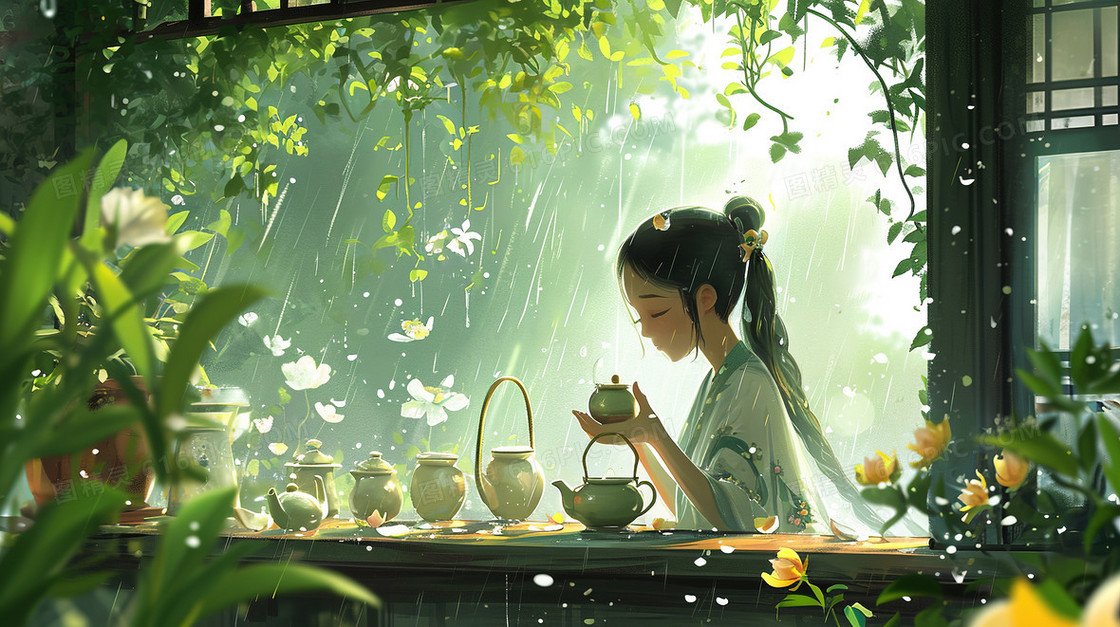 绿色雨天窗边饮茶的少女插画