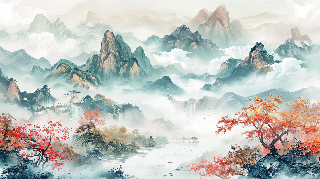 唯美中国风山水风景插画