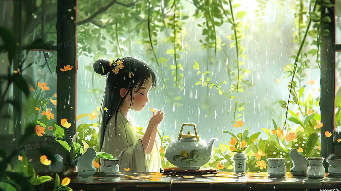 绿色雨天窗边饮茶的少女插画