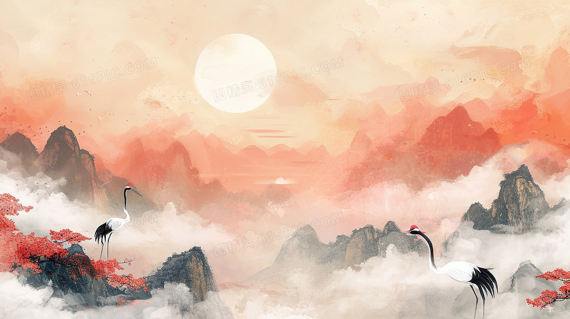 唯美中国风山水画风景插画