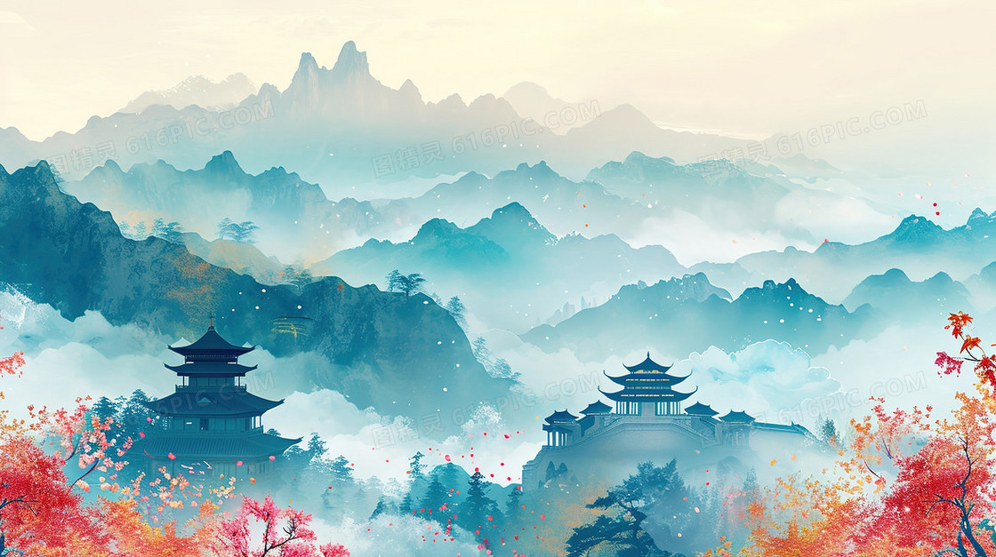 彩色唯美中国风山水画风景插画