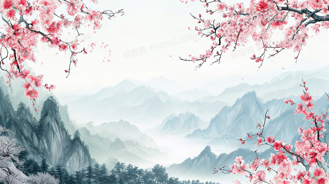 唯美中国风山水画风景插画