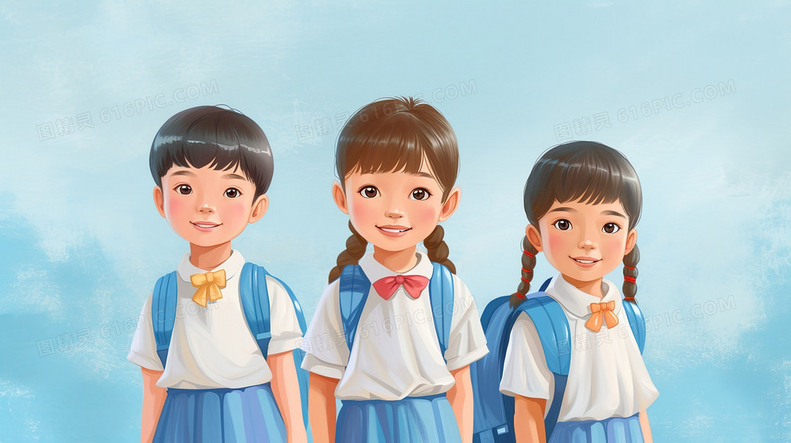 卡通3个小学生合影插画