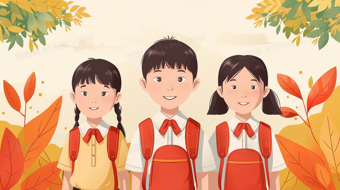 卡通3个小学生合影插画