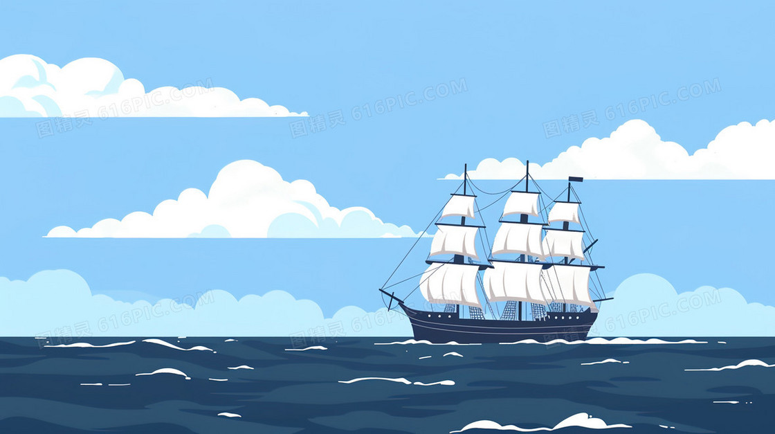 天空下的航海日帆船插画