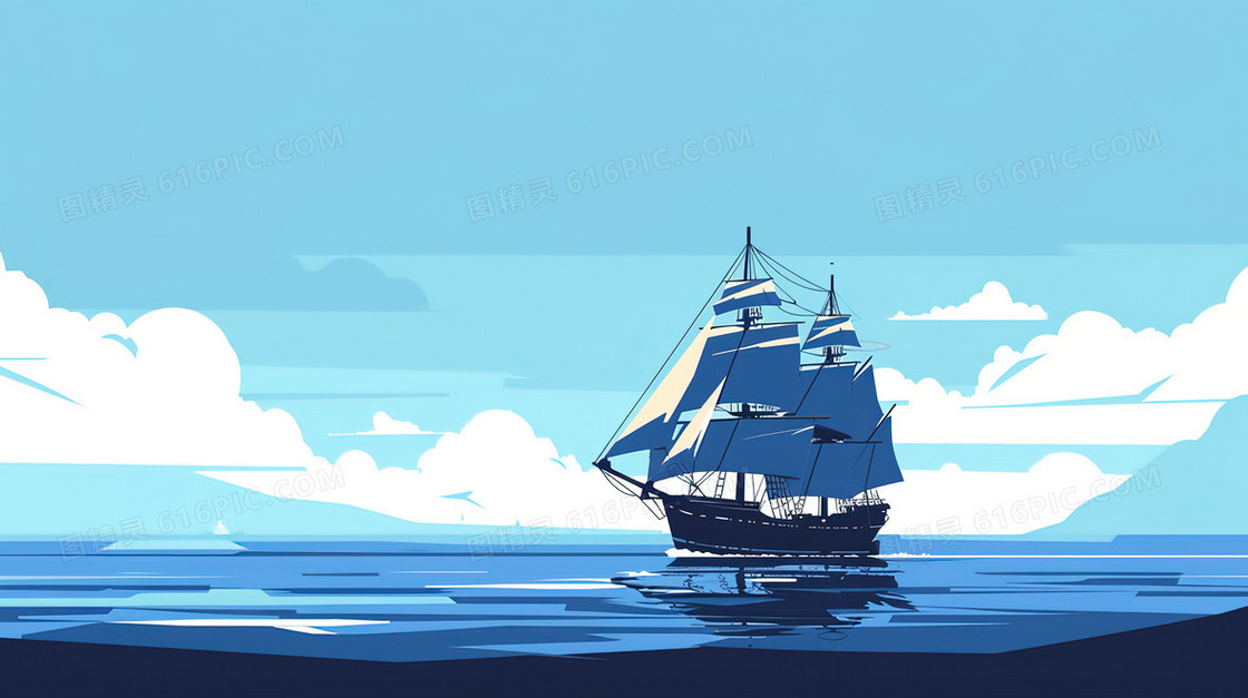 天空下的航海日帆船插画