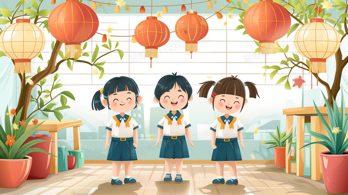 彩色卡通3个小学生合影插画