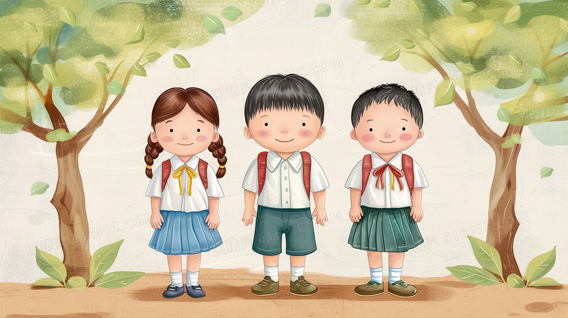 手绘三个小学生合影插画