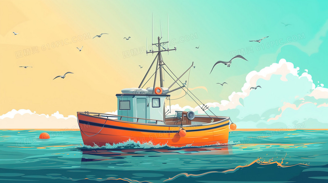 彩色唯美航海日渔船图片