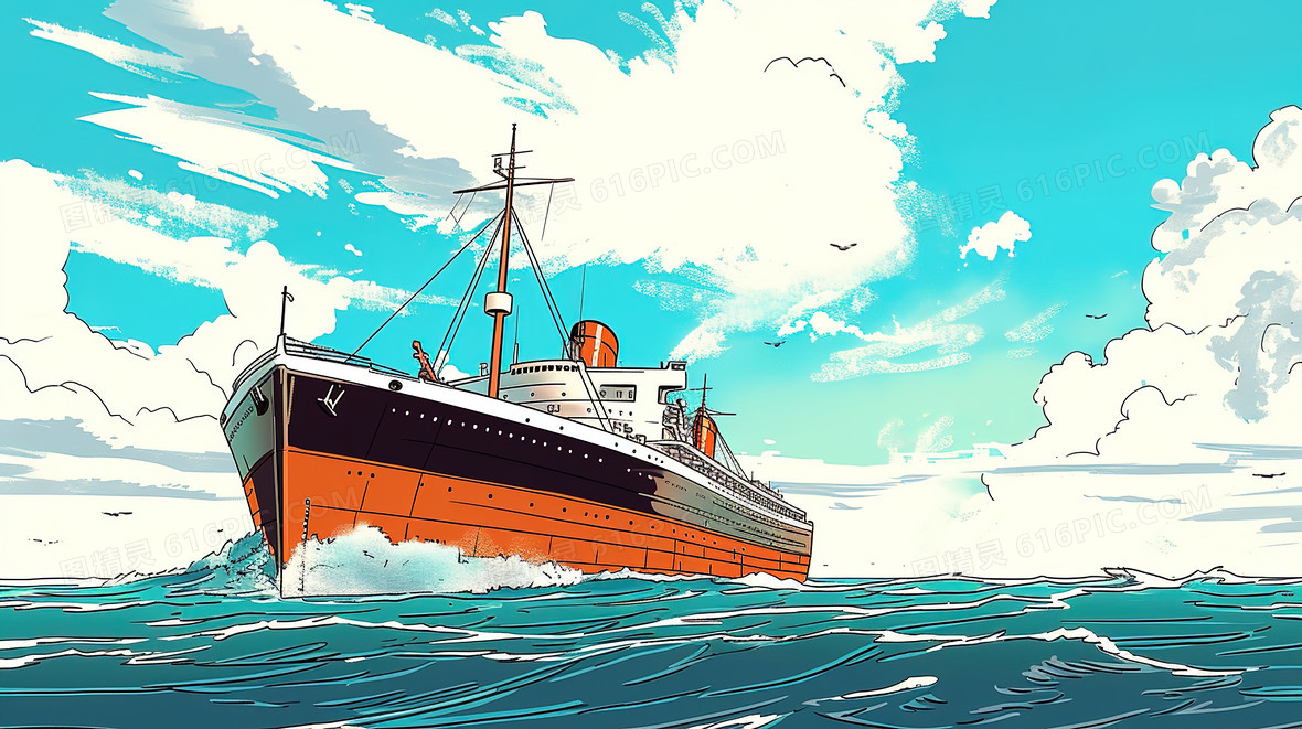 彩色唯美航海日轮船插画