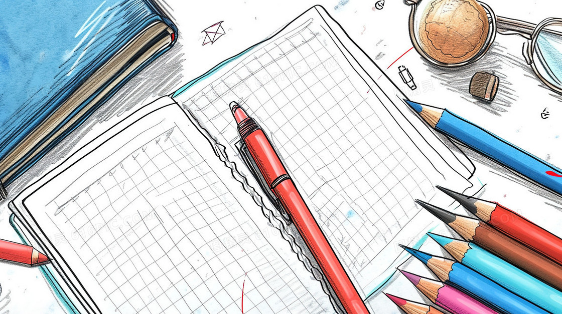 彩色手绘开学季文具平铺插画