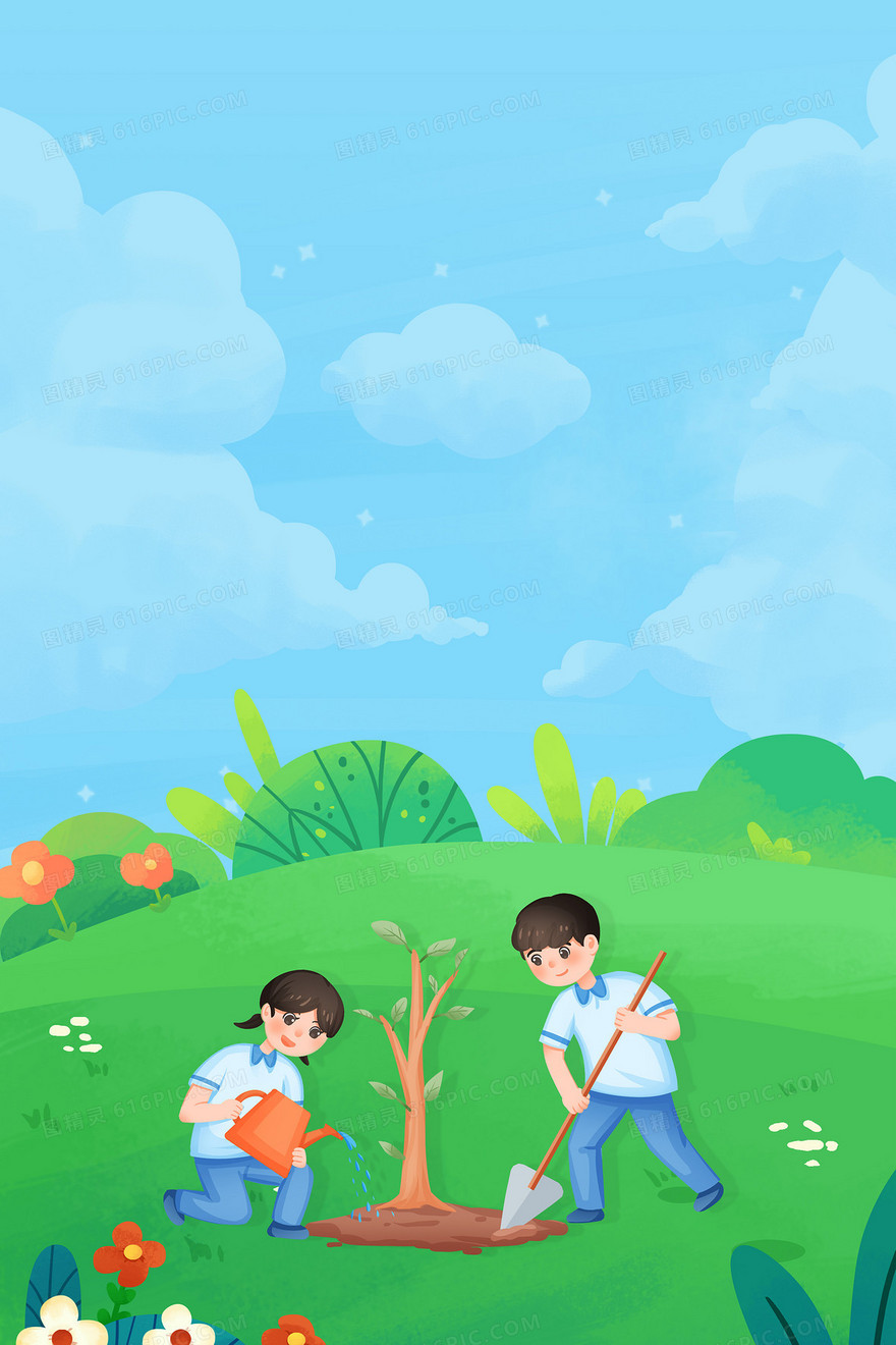 绿色卡通手绘学生野外种树合成背景