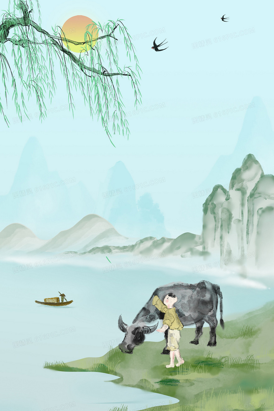 水墨风牧童老牛背景