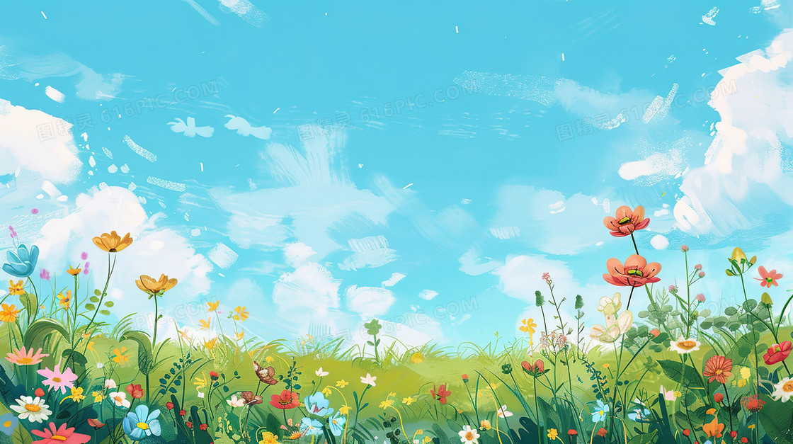 春天蓝天白云草坪卡通背景