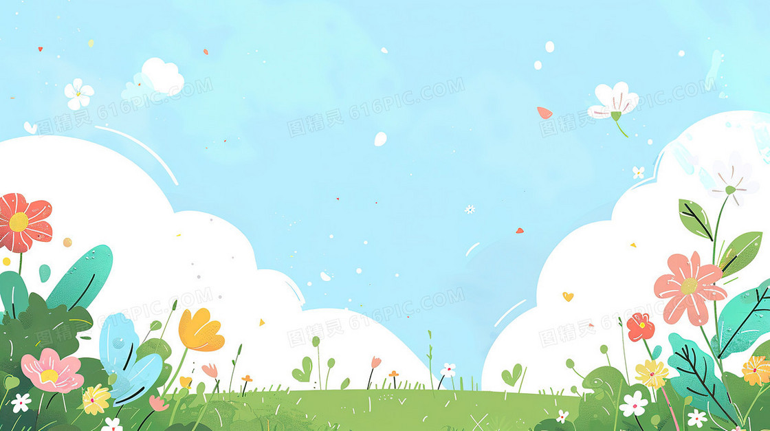 春天蓝天白云草坪卡通背景