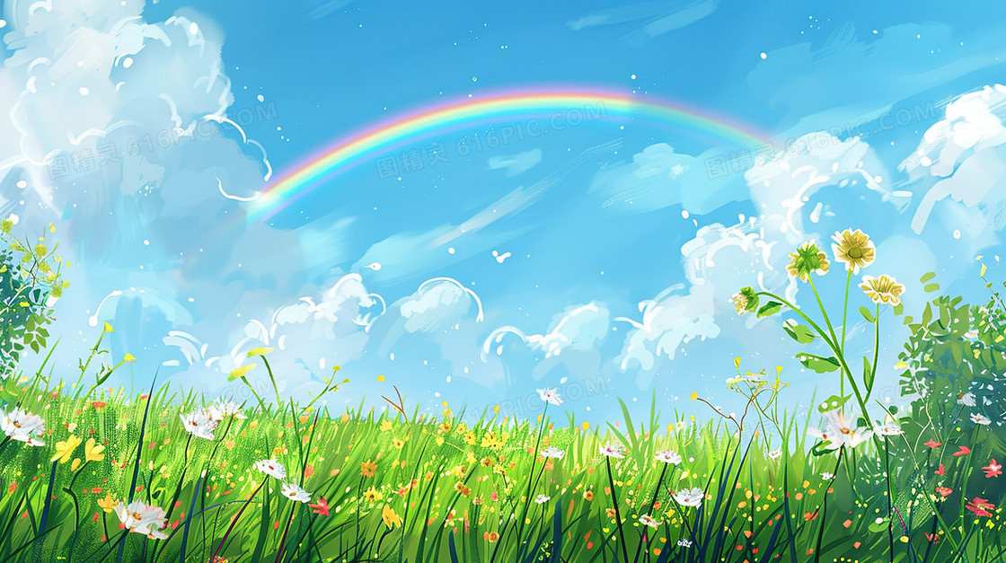 蓝天白云彩虹草坪春天背景图