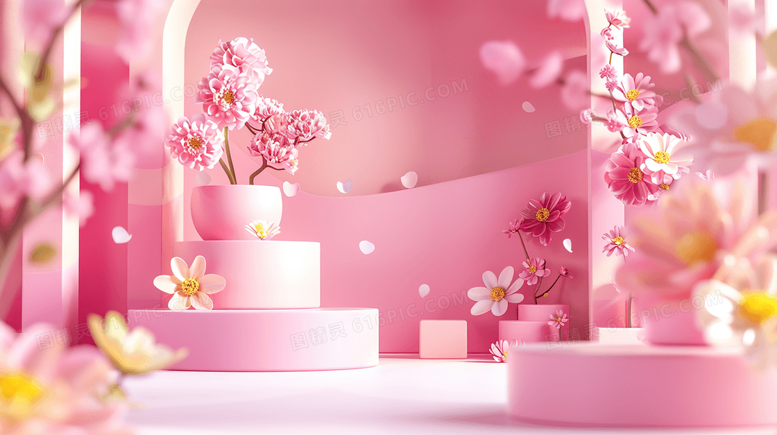 粉色3D立体花朵展台背景