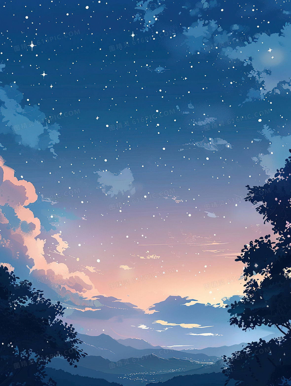 竖版卡通水彩风星空背景