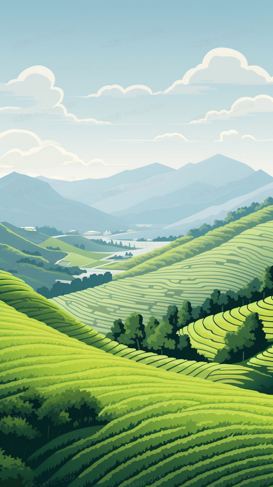 春天田野草地风景卡通背景