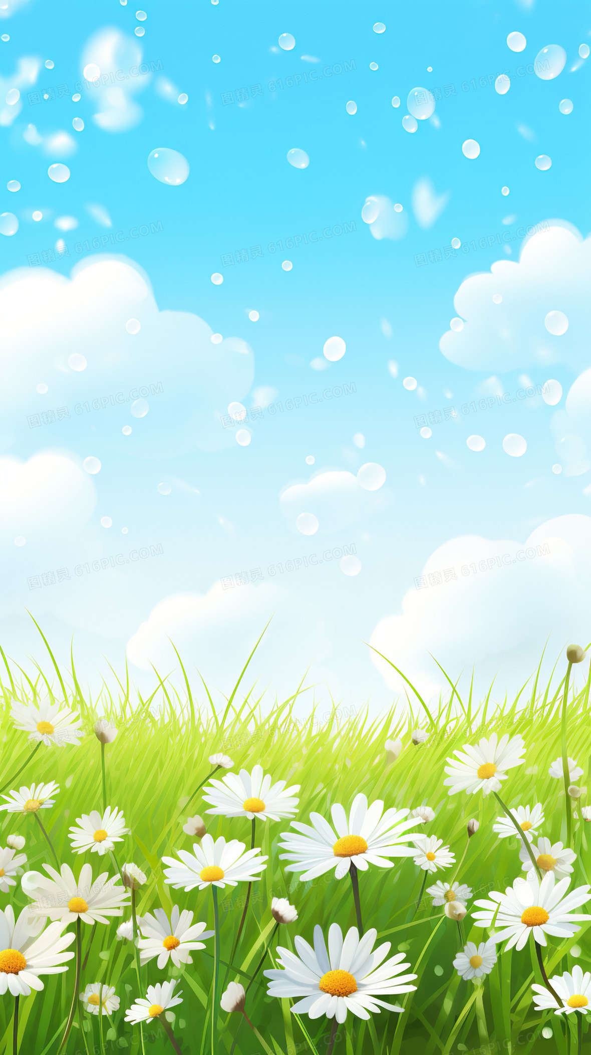 卡通春天草地风景花朵背景